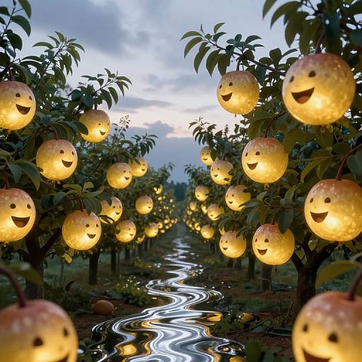 Photograph of illuminated jack-o'-lanterns with smiling faces hanging from apple tree branches, reflecting on a winding, wet path at dusk.