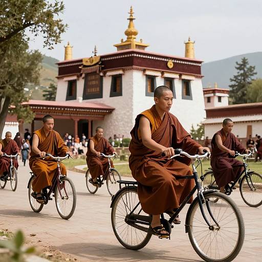 Photograph of Buddhist monks in brown robes riding bicycles in front of a white and gold Tibetan monastery with mountains in the background.