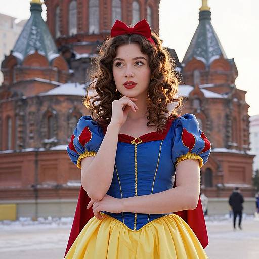 Photorealistic image of a fair-skinned woman with curly brown hair, wearing a Snow White costume, red bow, blue and yellow dress, standing