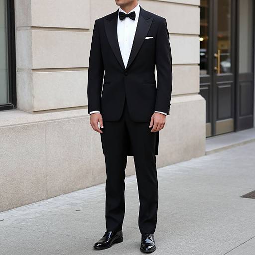 Photograph of a man in a black tuxedo with a white shirt and black bow tie, standing on a city sidewalk.
