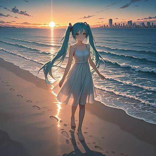 Hatsune Miku Walking on Beach at Sunset