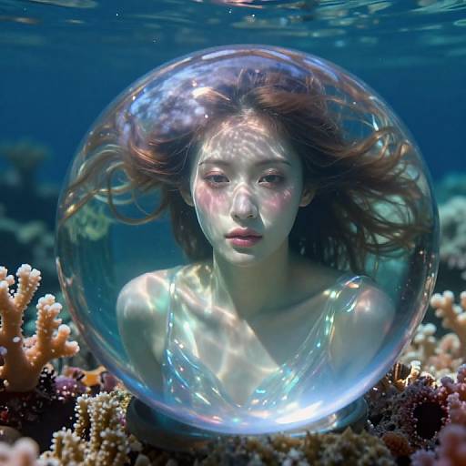 Photorealistic CGI of an Asian woman with pale skin and long brown hair, underwater, enclosed in a transparent bubble, surrounded by colorful coral reefs.