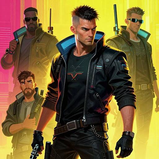 Digital artwork of four muscular men in black tactical jackets, sunglasses, and holding guns, with bright yellow and pink gradient background.