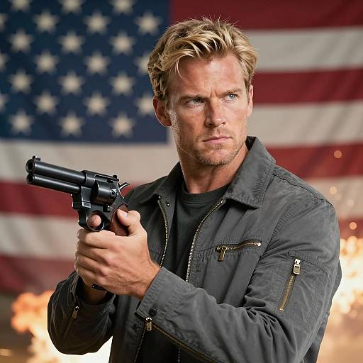 Determined Man with Revolver and Flag