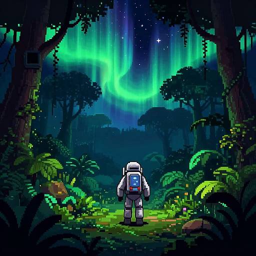 Pixel art of a lone astronaut in a white suit, standing in a lush, forested landscape, gazing at a vivid, green aurora bore