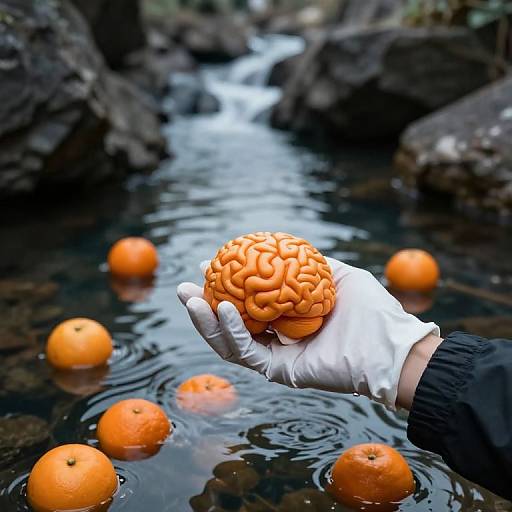 Photograph of a gloved hand holding a brain-shaped orange over a rocky stream with floating regular oranges in the background.