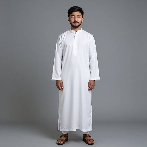 Photograph of a South Asian man with black hair and beard, wearing a white traditional long kurta, brown sandals, standing against a plain gray background
