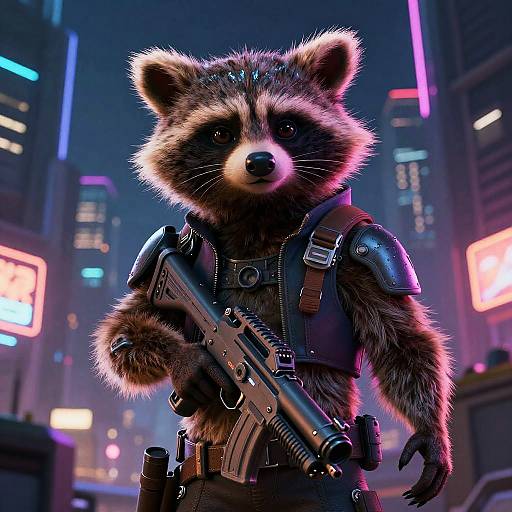 Digital artwork of a furry raccoon soldier in futuristic armor, holding a gun in a neon-lit, cyberpunk cityscape.