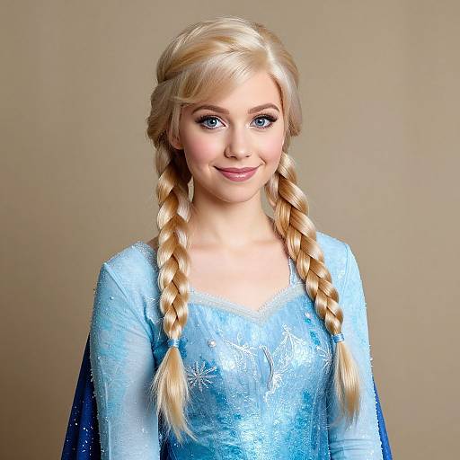 Photorealistic digital portrait of a blonde woman with blue eyes, wearing a light blue, snowflake-embellished dress, styled in two bra