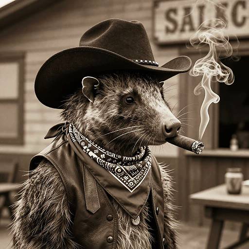 Photograph of a dressed-up, smoking opossum in a black cowboy hat, bandana, and leather vest, with a blurred Western saloon