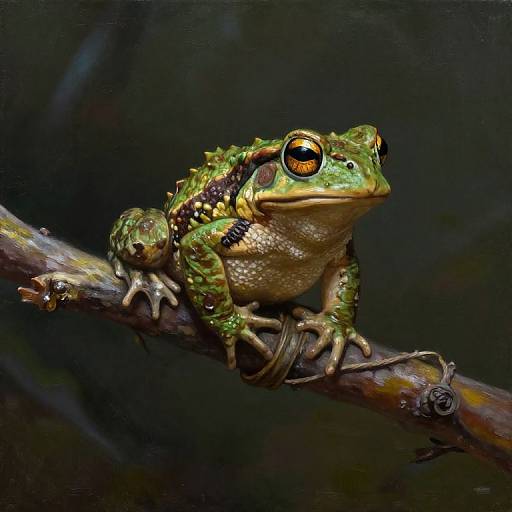 Photorealistic digital artwork of a vibrant green and brown tree frog with large, glossy orange eyes perched on a brown branch against a dark, blurred