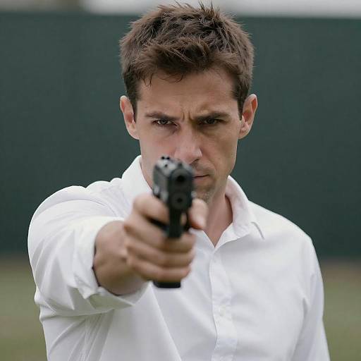 Serious Man Aiming Handgun at Camera