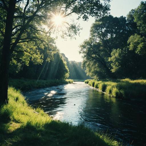 Sunlight over tranquil river surrounded by trees