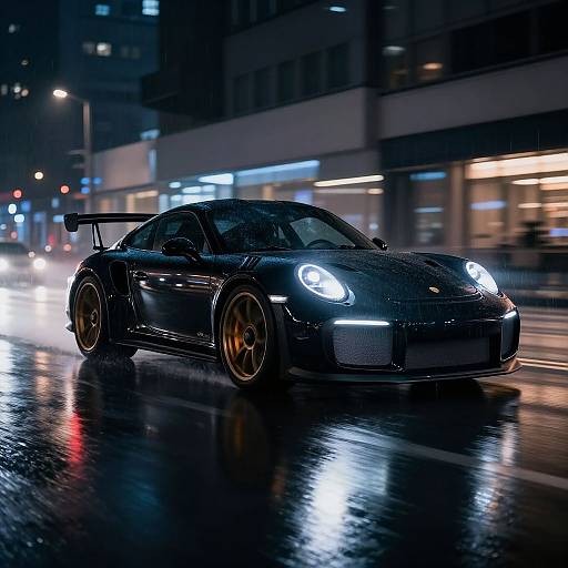 Photograph of a sleek, black, high-performance sports car with glowing headlights, parked on a rainy, neon-lit urban street at night.
