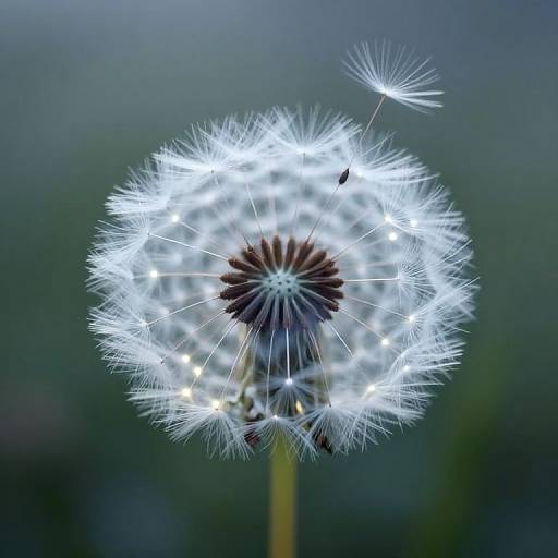 Close-up photograph of a glowing white dandelion seed head against a blurred dark blue-green background, highlighting its delicate, radiant seeds.