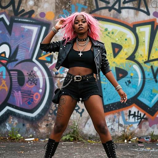 Photograph of a confident Black woman with pink hair, wearing a black crop top, leather jacket, high-waisted shorts, and boots, standing