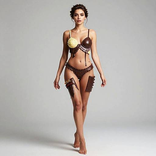 Photograph of a dark-haired woman in a dark, intricate, strappy bikini with yellow floral embellishments, standing against a plain white background.