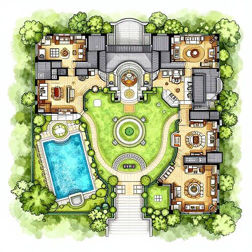 Colorful architectural floor plan illustration: large house with gray roof, central circular lawn, blue swimming pool, various rooms, trees, and pathways.