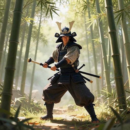 Photorealistic CGI of a samurai warrior in traditional armor and helmet, holding a sword, standing in a sunlit bamboo forest.