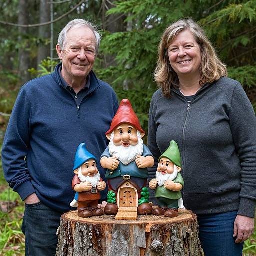 Photograph of smiling middle-aged couple with gray and brown hair, standing outdoors, beside a wooden table with gnome figurines.