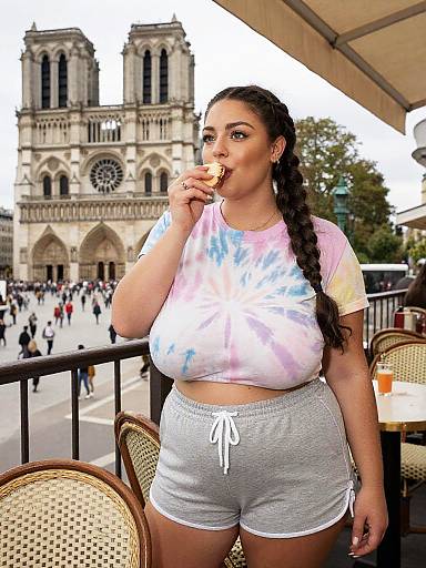 Plus-Size Woman Eating Pastry at French Cafe with Notre Dame View