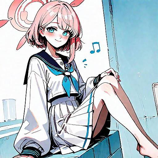 Digital anime-style drawing of a pink-haired girl with blue eyes, wearing a white sailor uniform, sitting with legs crossed, smiling, against a blue and