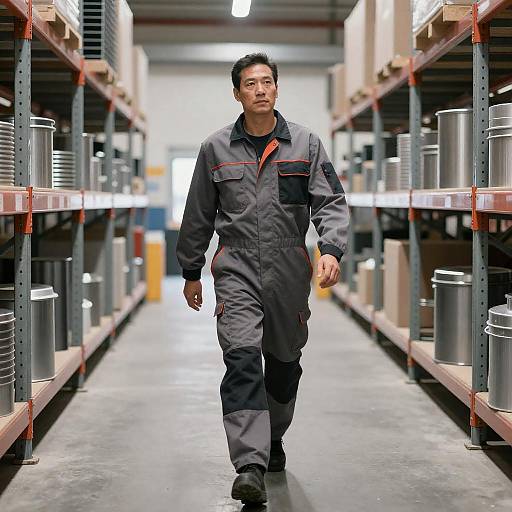 Warehouse Worker Walking Down Aisle
