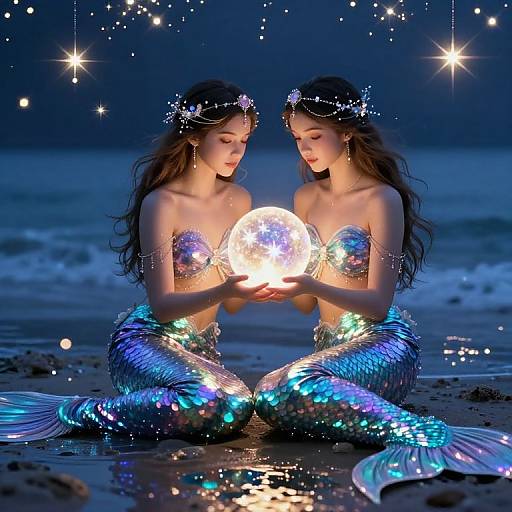 Photorealistic digital art of two glowing mermaids with shimmering blue tails, holding a radiant orb on a starry night beach.