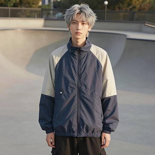 Photograph of a young man with silver hair, wearing a navy and white jacket, standing in front of a sunlit skate park.