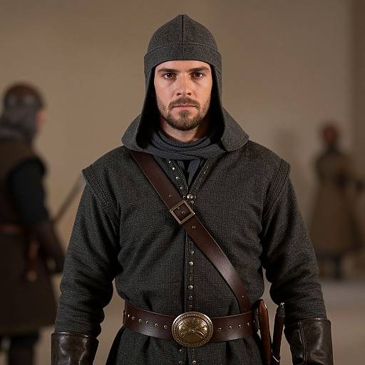 Photograph of a serious, bearded man in medieval black wool robe and hood, brown leather belt with metal buckle, blurred background with other similarly dressed