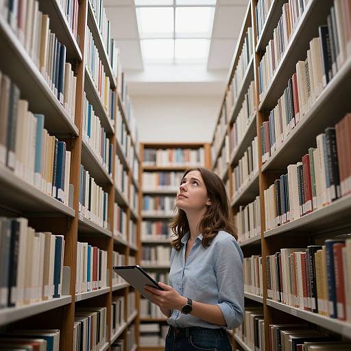 Photograph of a young woman with light skin and brown hair, wearing a blue shirt, standing in a library aisle, holding a tablet, looking up