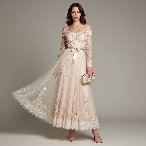 Photograph of a dark-haired woman in an off-shoulder, lace-embellished, pale pink wedding dress with a long, flowing skirt