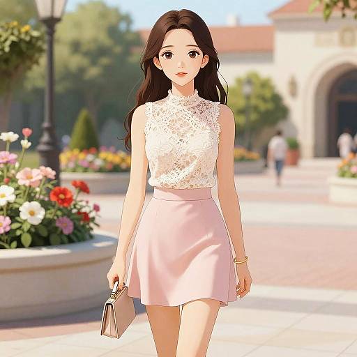 Elegant Woman in Vibrant Manga Plaza