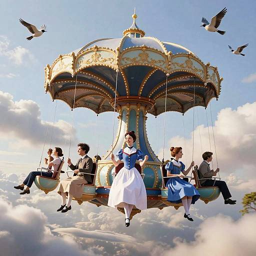 Victorian-era people in ornate, colorful carousel swing ride above fluffy clouds, surrounded by flying birds, in a surreal photograph.