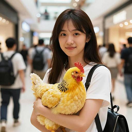 Woman Holding Chicken in Crowded Mall