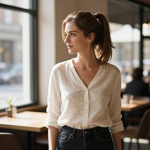 Photograph of a young woman with light brown hair in a ponytail, wearing a white button-up shirt and dark jeans, standing in a sunlit