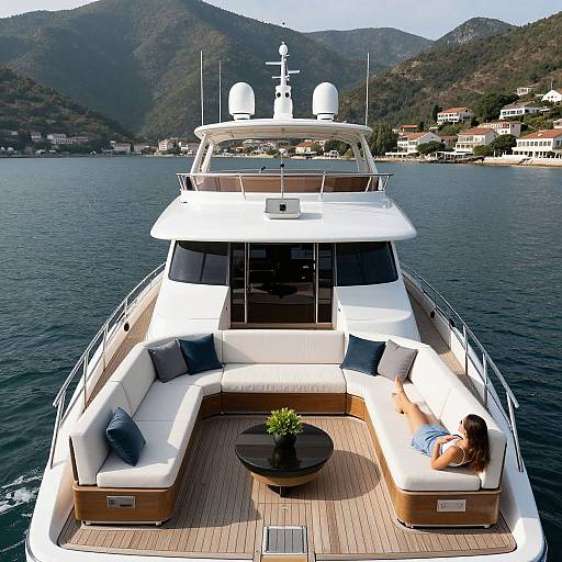 Photograph of a luxurious white yacht with a woman sunbathing on the wooden deck, surrounded by blue water and mountainous coastline.