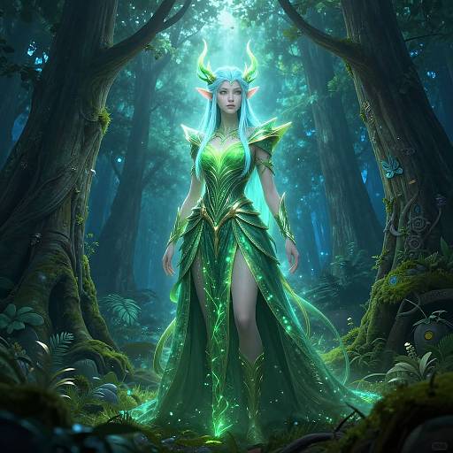Digital fantasy artwork of an elven woman with glowing blue hair and horned headpiece, wearing a green, ornate forest dress, standing in a