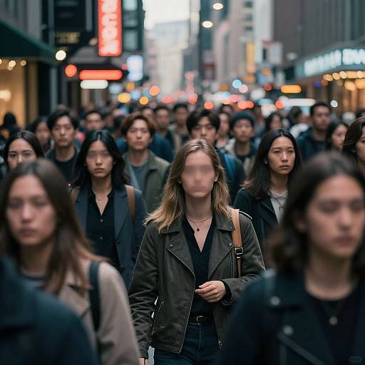 Photograph of a crowded urban street at night, featuring diverse young adults with blurred faces, wearing dark clothing, surrounded by bright neon signs and city lights