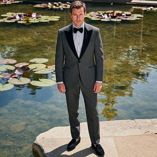 Photograph of a handsome man in a dark gray tuxedo with black bow tie, standing on a stone by a serene pond with lily pads