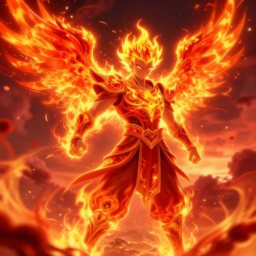Digitally illustrated anime-style character with fiery wings and armor, standing in a blazing, fiery sky. Bright orange and red flames engulf the figure, contrasting