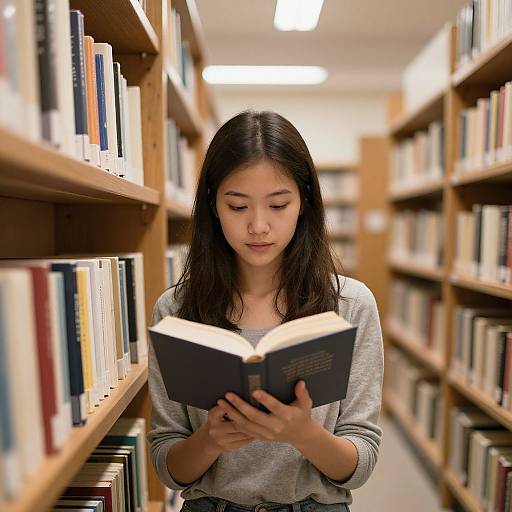 Asian woman with long black hair, wearing a gray sweater, reads a book in a brightly lit library aisle with wooden shelves.