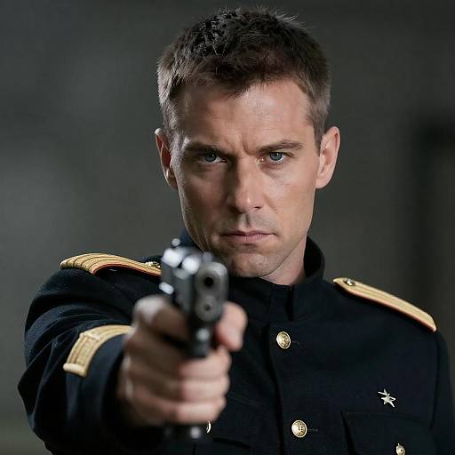 Serious Man in Military Uniform Pointing Handgun