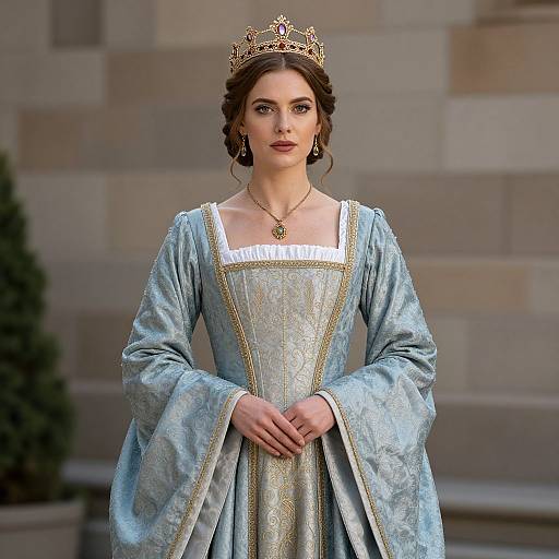Photograph of a fair-skinned woman with brown hair in an elaborate blue Renaissance-style gown and gold crown, standing against a stone wall.