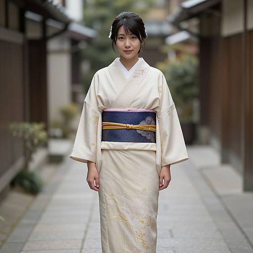 Woman in Traditional Beige Kimono