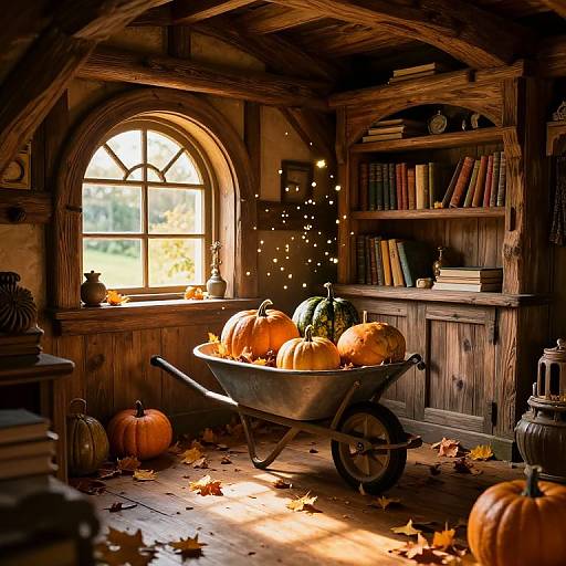 Cozy wooden library with sunlight streaming through arched window, vintage wheelbarrow filled with pumpkins, autumn leaves, and books on shelves.