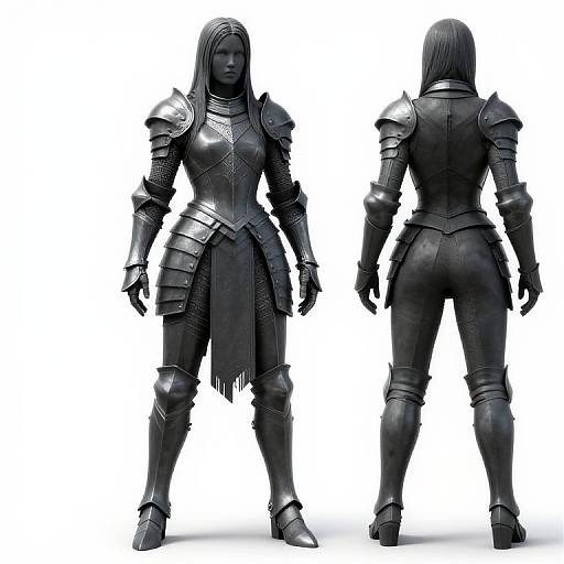 Photorealistic CGI of a female armored warrior in black plate armor, shown from front and back, with hooded headgear, intricate shoulder pauld