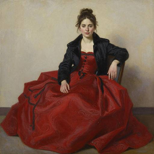 Photorealistic painting of a pale-skinned woman with dark hair in an updo, wearing a red, ornate dress and black jacket, seated