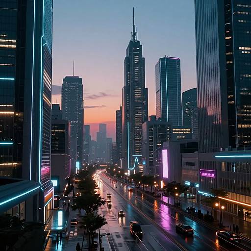 Photograph of a neon-lit cityscape at dusk, featuring tall skyscrapers, illuminated signs, and a wet, reflective street with headlights and