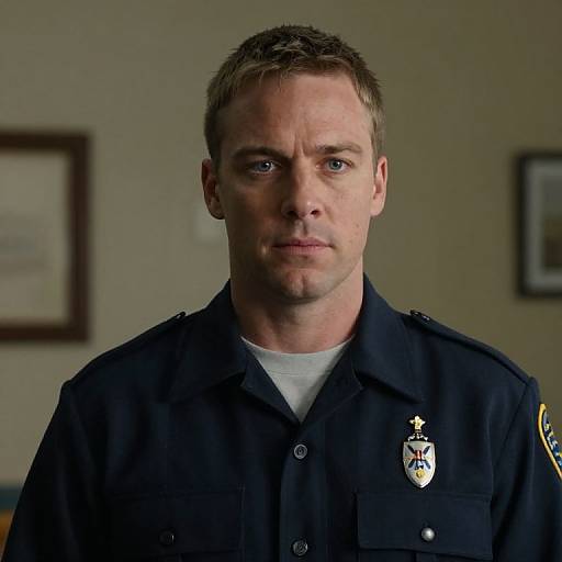 Photograph of a serious-looking, fair-skinned male police officer with short brown hair, wearing a dark blue uniform and badge, standing indoors against a